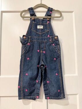 OshKosh B'gosh Dark Blue Denim Overalls with Pink Heart Accents